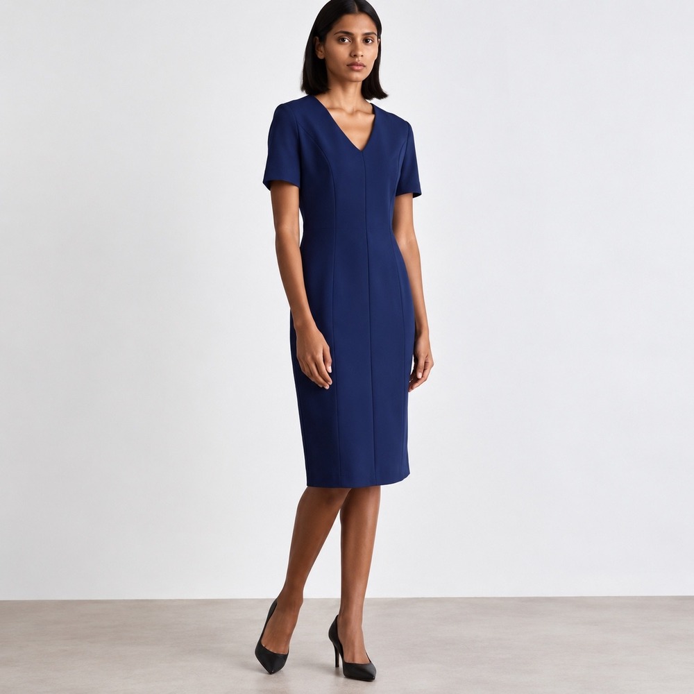 NWT BOSS Damaisa Pencil Dress 12 Navy Blue V Neck Short Sleeve Professional